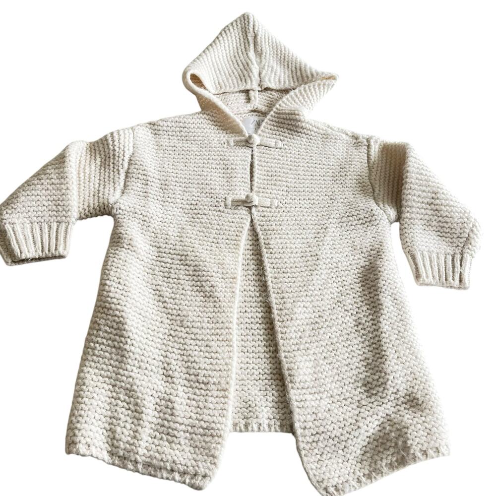Zara Girls Ecru Neutral Pearl Stitch Hooded Long Cardigan Sweater Size 11-12